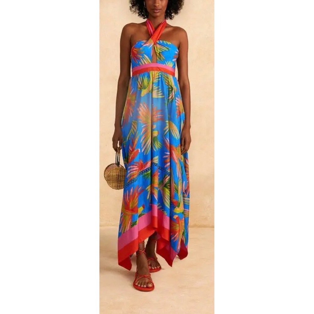 FARM Rio Blue Painted Birds Maxi Dress Vibrant Colors Halter Asymmetrical Large